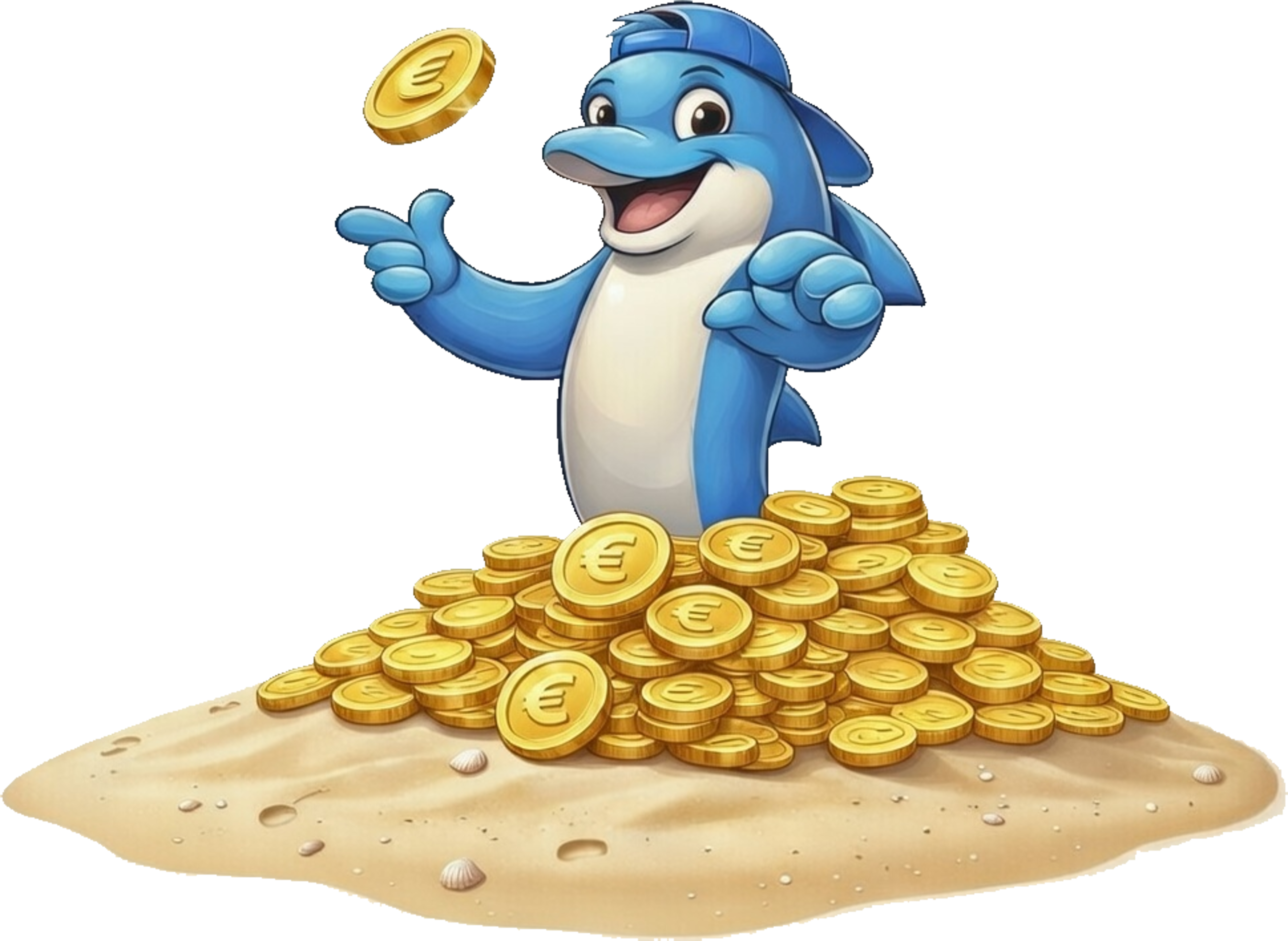 Blue Dolphin Mascot flipping a coin on a sand island with euro coins